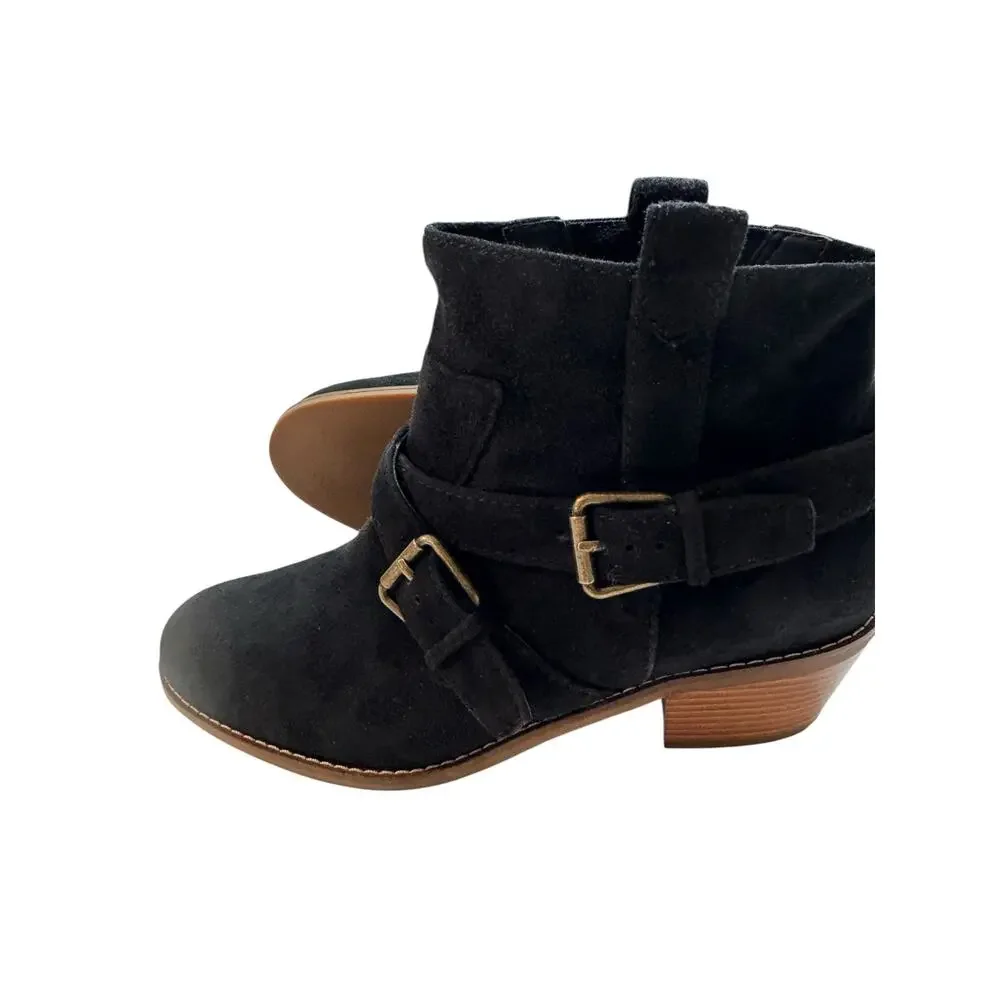 Cole Haan Grand.OS Black Suede Moto Ankle Booties Buckle Strap 2” Heel Women’s 6